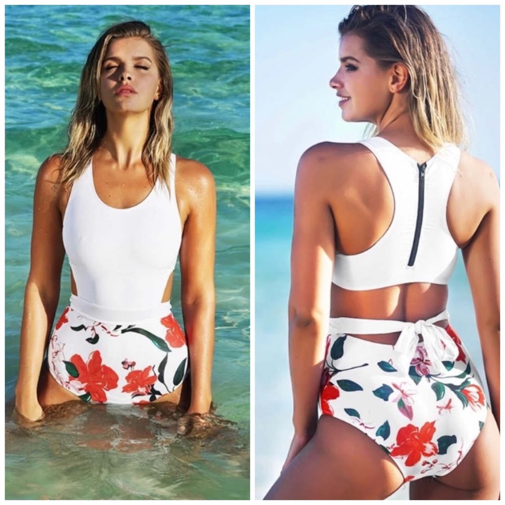 Albion White with Coral Red Floral swimsuit zip back White Lily Castaway size S